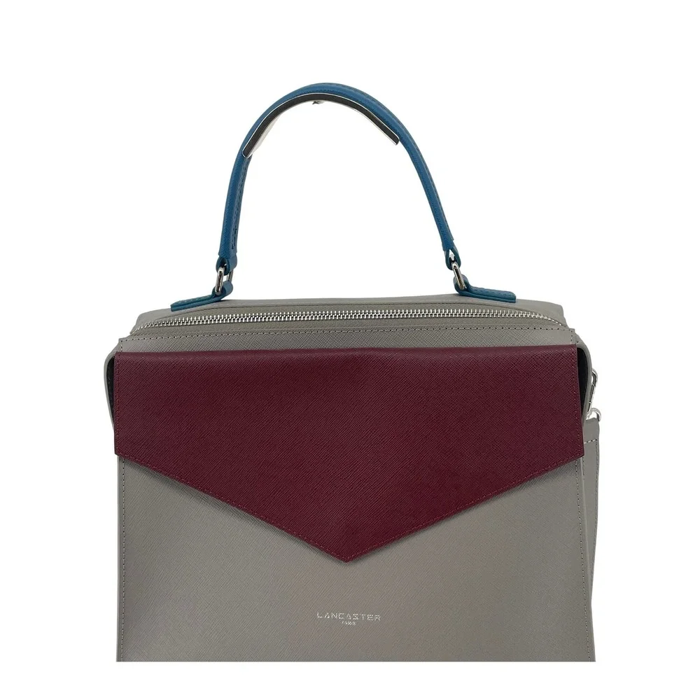 Lancaster Paris Colorblock Saffiano Leather Structured Satchel Bag grey burgundy